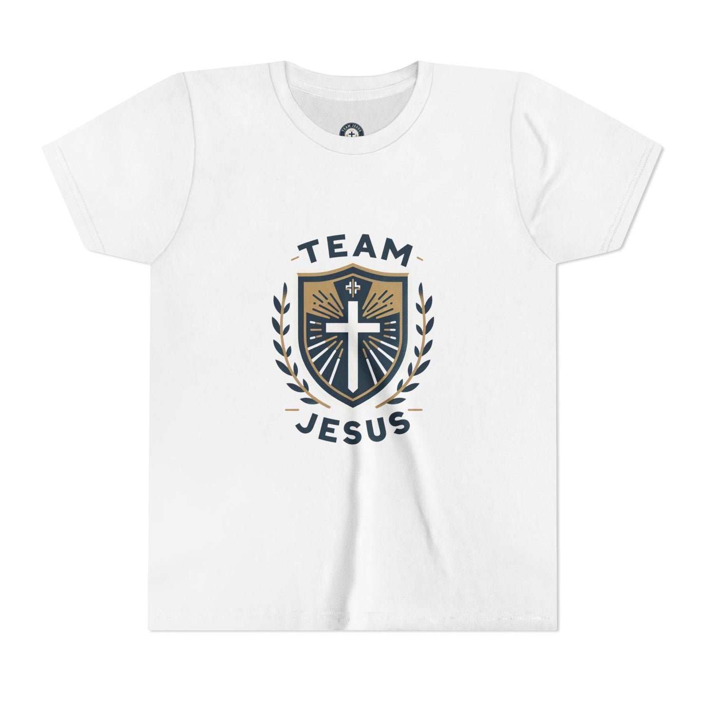 Youth Tee — "Team Jesus" Shield & Saints 7 Christian Sports Graphic