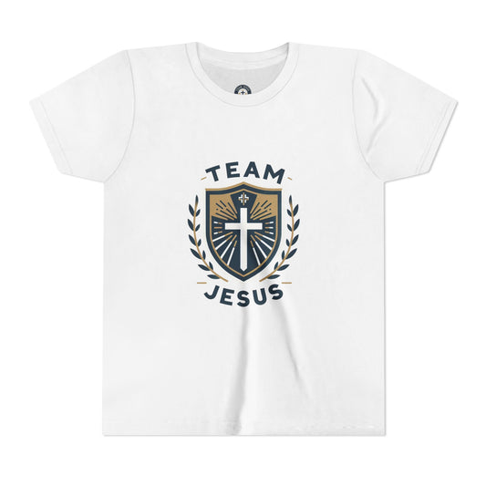 Youth Tee — "Team Jesus" Shield & Saints 7 Christian Sports Graphic